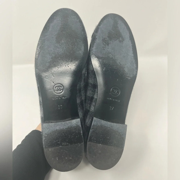 Chanel Ballet Cap toe Black Grey Plaid tweed textured flat size 37 - Picture 5 of 8
